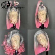 Grau Rosa Ombre Farbige Kurze Bob Ace Front Echthaar Perücken Für Frauen HD Transparent 13x6 Spitze Frontal Perücke mit Natürlichen Haaransatz