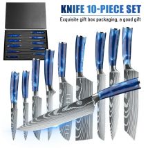 ZENG 5/8/10 pezzi Set di coltelli da cucina Manico in resina blu 7CR17 Acciaio inossidabile Damasco Modello laser Coltello da chef, Affettare Santoku