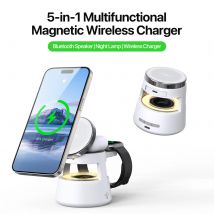 2025 Nuovo caricabatterie wireless magnetico 5 in 1 con luce notturna e audio, ricarica wireless veloce per iPhone 16 serie 15, AirPods, iWatch