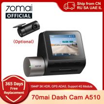70mai Dash Cam A510 1944P HDR GPS ADAS 4G Connectivity 70mai 4G Front Cam A510 Car DVR 24H Parking Support Rear Cam