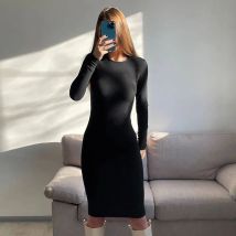 Neue Maxi kleider Frauen Herbst Winter Mode lässig schlank O-Ausschnitt lange Ärmel elegantes Kleid sexy schwarze weibliche Pullover Kleider