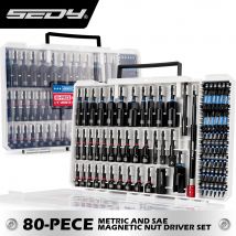 SEDY 80-teiliges Premium Magnetisches Schlagschrauber-Set Metrisch & SAE mit Steckschlüsseladaptern, Bithalter, Flügelmutter-Schraubendreher, Kraftbits