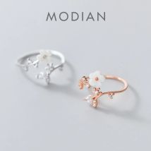 Modian Neuer Ring aus 925er-Sterlingsilber, strahlender Zirkon, Blätter, weiße Muschel, Blume, freie Größe, Ring für Frauen, Pflanzenring, Original-Schmuck