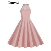 Tonval Neck holder Hals Kontrast Spitze Passform und Flare Swing Kleider ärmellose Frauen Geburtstag Abend Party Vintage Kleid