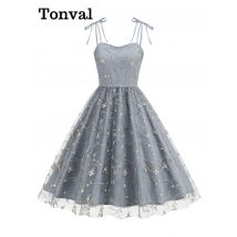 Tonval Floral ricamato Mesh Fit and Flare abito Vintage Spaghetti Strap Women Evening Party e Prom Birthday Dresses