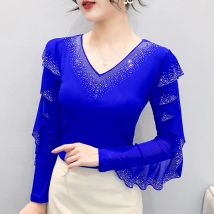 2025 herbst Neue Stil Mesh Tops Koreanische Mode Rundhals Rüschen Hemd Lotus Blatt Rand Heißer Diamant Langarm Frauen T Shirt