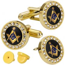 Freimaurer-Manschettenknöpfe für Herren, 18 Karat vergoldet, quadratisches Kompass-Symbol mit schwarz-blauer Emaille und Kristall-Strasssteinen, Geschenke für Freimaurer