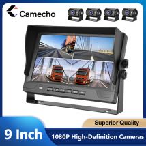 Camecho 4CH AHD Rückfahrkamera-System mit 9-Zoll-Auto-Monitor, 4 Rückfahrkamera, 4 geteiltes Display, Einparkhilfe für Bus, Wohnmobil, Van