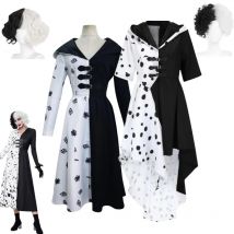 Cruella De Vil Cosplay Kostüm Mädchen Frauen Böse Madame Cruella De Vil Cosplay Schwarz Weiß Maid Kleid Perücke Halloween Party Kostüm