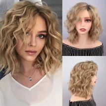 Synthetische gewellte Bob-Perücke, Ombre-Braun bis Beige, Perücken für Frauen, Jerry-Curl-Stil, Hochtemperaturfaser-Haarperücken für den täglichen Gebrauch