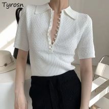 Gestrickte Weiße T-shirts Frauen Alle-spiel Schlank Sommer Elegante Büro Damen Solide Minimalistischen Koreanischen Mode Stil Vintage Tops Tees
