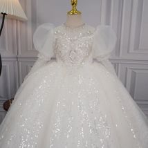 High-End Weiß Garn Geburtstag Bankett Kinder Prinzessin Kleid Blumenmädchen Hochzeit Kleines Mädchen Kleid Mädchen Kostüm für Klavier Perfor