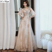 It's Yiiya Maßgeschneidertes Abendkleid, Champagner, Damen, V-Ausschnitt, Applikationen, halbe Ärmel, A-Linie, bodenlang, formelles Partykleid in Übergröße