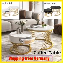 Comanlai Tavolino da caffè rotondo 2 in 1, tavolino laterale con cassetti, manici in legno e piedini in ferro dorato 70x70x45,5 cm+ 50x50x38,5 cm