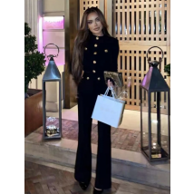 Women's Black Button Bandage Suit Crop Top & Flare Pants Black 2 Two Pieces Sets Sexy Elegant Evening Party Outfits