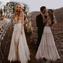 Vintage Bohemian Boho Brautkleider Sexy tiefer V-Ausschnitt rückenfrei Boho Country Style Brautkleid