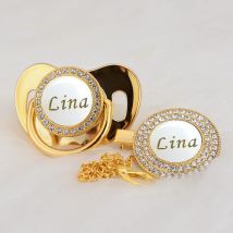MIYOCAR Personalisierter goldener weißer Bling-Schnuller und Schnullerclip mit beliebigem Namen, BPA-freier Schnuller, einzigartiges Design, PWG