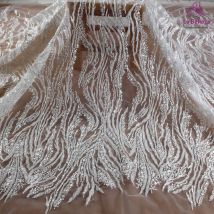 La Belleza Hot fashion bride lace,simple lines beading lace fabric,white lace fabric embroidered for wedding dresses by yard
