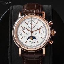 Sugess Mechanical Men Watch Original ST1908 Movement Chronograph Vintage Moonphase Genuine Leather Band Waterproof 50ATM  ST19