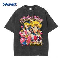 Anime Sailor Moon T-shirts Vintage Washed Tsukino Usagi Streetwear Cute Girl T-shirts Oversized