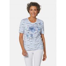 Confortable T-shirt imprimé de fleurs et rayures - bleu gris / rayé - Gr. 44 de Goldner Fashion