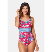 Badeanzug mit hochgezogenem Ausschnitt - pink / blau / weiß / gemustert - Gr. 50 B von Goldner Fashion