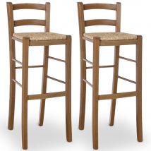 Set 2 sgabelli bar alti 80 cm legno noce chiaro con schienale e seduta in paglia