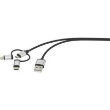 Renkforce USB cable USB 2.0 USB-A plug, USB-C® plug, USB Micro-B plug, Apple Lightning plug 1.00 m Dark grey with sleeve RF-3335108