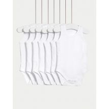 M&S Collection 7pk Pure Cotton Sleeveless Bodysuits (5lbs-3 Yrs) - 6-9 M - White, White
