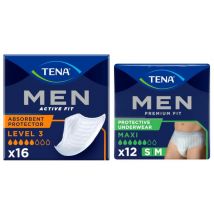 TENA Homem Active Fit Nível 3 para Incontinência (16 unidades) + Calça Premium Fit Tamanho S/M (12 unidades)