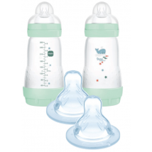 MAM Biberón Easy Start Anti-colic Flujo Medio Azul Brillante 2-4m 2x260 ml + Tetina 3 Flujo Rápido +4m 2 uds