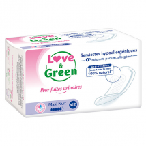 Love & Green Serviettes pour Fuites Urinaires Maxi Nuit 12 unités Bio et Vegan- -
