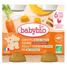 Babybio Petits Pots Midi Carotte Butternut Poulet Riz +6m Bio 2 x 200g - Viandes -