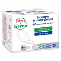 Love & Green Serviettes Nuit Hypoallergéniques 0% x10 - Avec Ailettes -