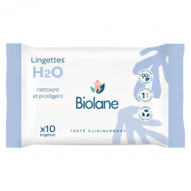 Biolane - Lingettes nettoyantes H2O à l'eau pour bébé - 10 lingettes épaisses pour Peau Normale