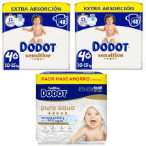 Fraldas Dodot Sensitive Tamanho 4 Extra (2 embalagens com 48 unidades cada) + Toalhitas Húmidas Aqua Touch (288 unidades)