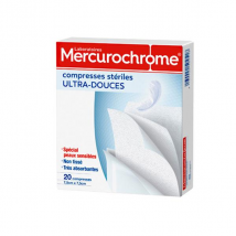Mercurochrome Compresses Stériles Ultra Douces 7,5cm x 7,5cm 20 compresses - Filet tubulaire, Stérile -