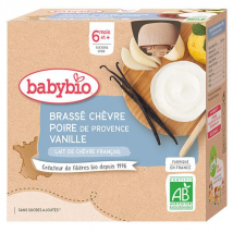 Babybio Desserts Lactés Gourde Brassé Lait de Chèvre Poire Vanille +6m Bio 4 x 85g - Dessert Lacté -