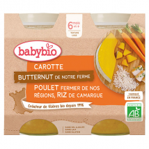 Babybio Petits Pots Midi Carotte Butternut Poulet Riz +6m Bio 2 x 200g - Viandes -