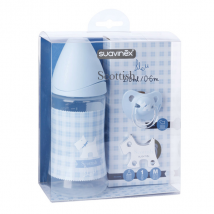 Suavinex Coffret Biberon Silicone 0-6m + Sucette + Attache Sucette Scottish Bleu - Col étroit -