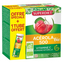 Superdiet Acérola Bio 500 24 comprimés + 12 comprimés offerts