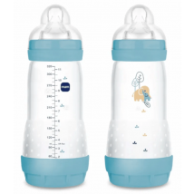 Biberão anti-cólicas MAM Easy Start de fluxo rápido, azul mate, para bebé a partir dos 4 meses, 320ml, embalagem com 2 unidades.