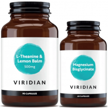 Bisglycinate de magnésium Viridian 140 mg, 60 gélules végétaliennes + L-théanine et mélisse 500 mg, 90 gélules végétales