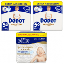 Pack de 5 fraldas Dodot Sensitive Extra-Jumbo (2 embalagens de 44 unidades cada) + 288 toalhitas Aqua Touch.