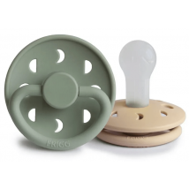 Bloco de silicone para chupeta Frigg com fases da lua, cor croissant/sálvia +6 meses, 2 unidades