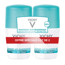 Vichy Déodorant Anti-Transpirant Anti-Traces Blanches & Jaunes 48h Roll-On Lot de 2 x 50ml - Anti-Traces, Peau Sensible -