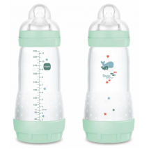 Biberão anti-cólicas MAM Easy Start de fluxo rápido, azul brilhante, para bebés a partir dos 4 meses, 320ml, embalagem de 2 unidades.