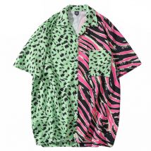 Homme hawaïen chemise zèbre rayure imprimé léopard Patchwork Hip Hop chemise Streetwear Harajuku plage chemise manches courtes été