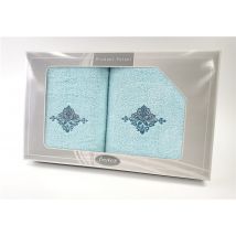 Zestaw 2 haftowanych ręczników Rozeta Gift Aqua 50x90 + 70x140 Frotex