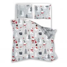 Pościel 140x200 Mikołaje i bałwanki szara bawełna świąteczna Faro